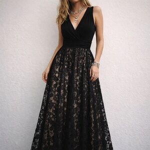 Ignite Evenings Black Lace Maxi Dress Ruched Bodice Formal Size 10 Romantic